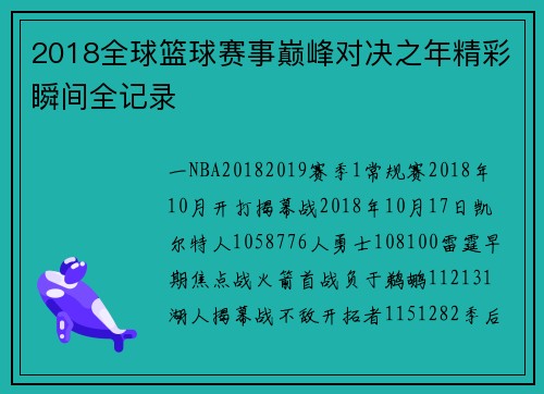 2018全球篮球赛事巅峰对决之年精彩瞬间全记录